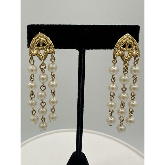 Gold Tone Faux Pearl Strands Pierced Earrings Elegant - Picture 1 of 5